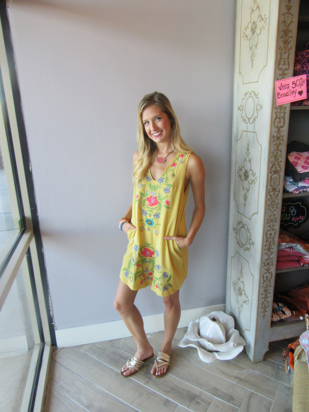 BARBADOS Floral Embroidered Linen V-Neck Pocket Dress