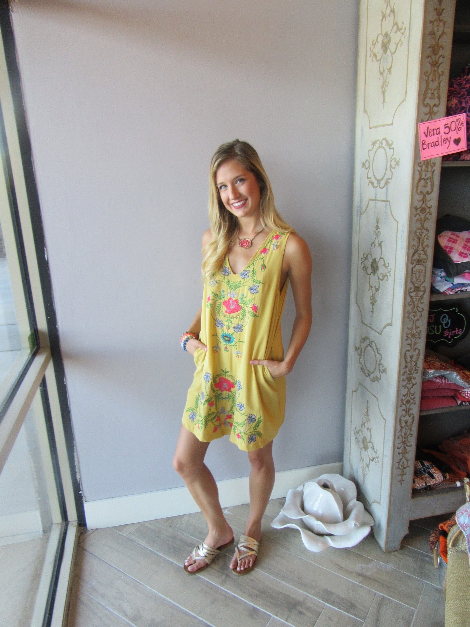 BARBADOS Floral Embroidered Linen V-Neck Pocket Dress