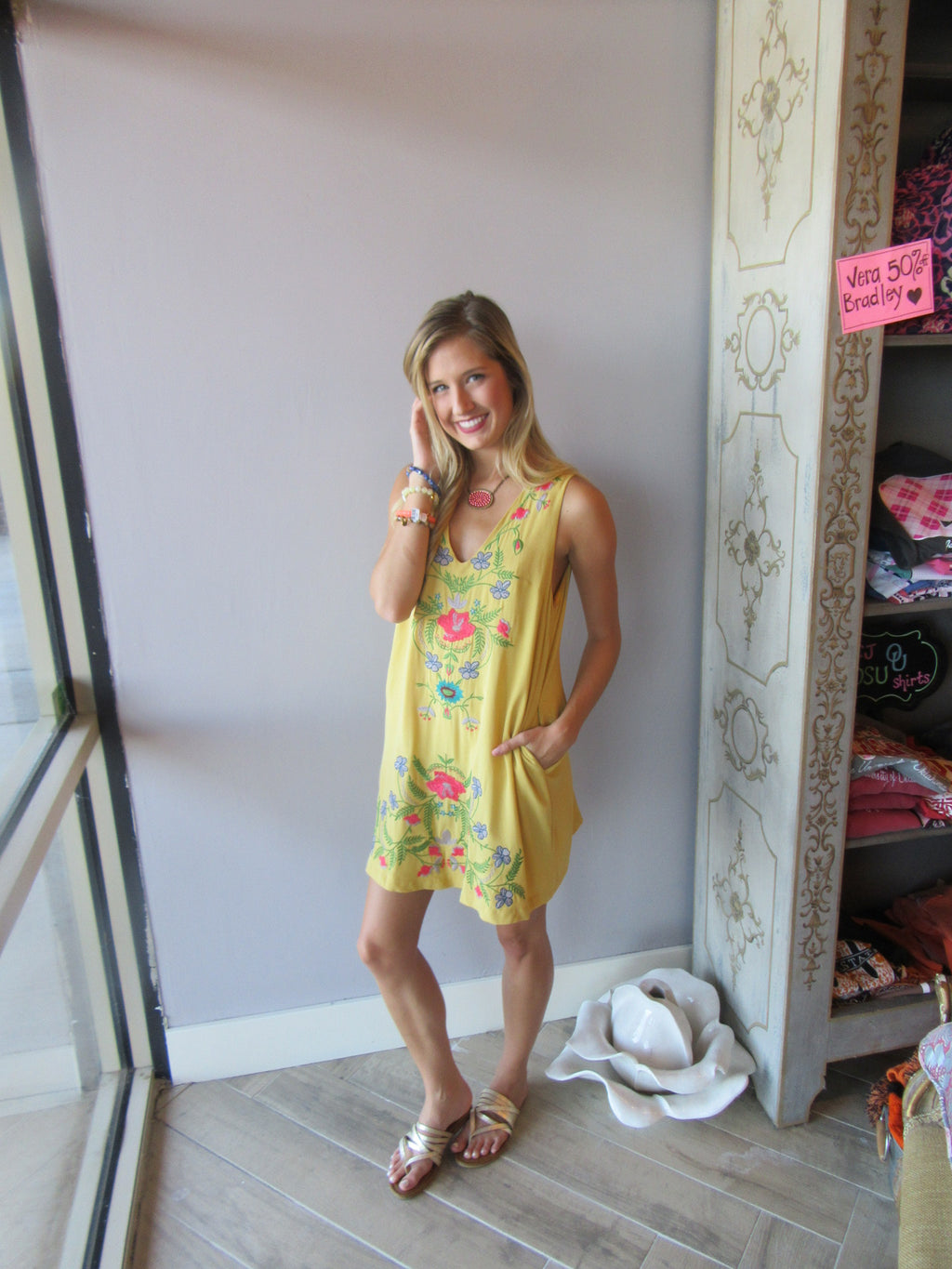 BARBADOS Floral Embroidered Linen V-Neck Pocket Dress