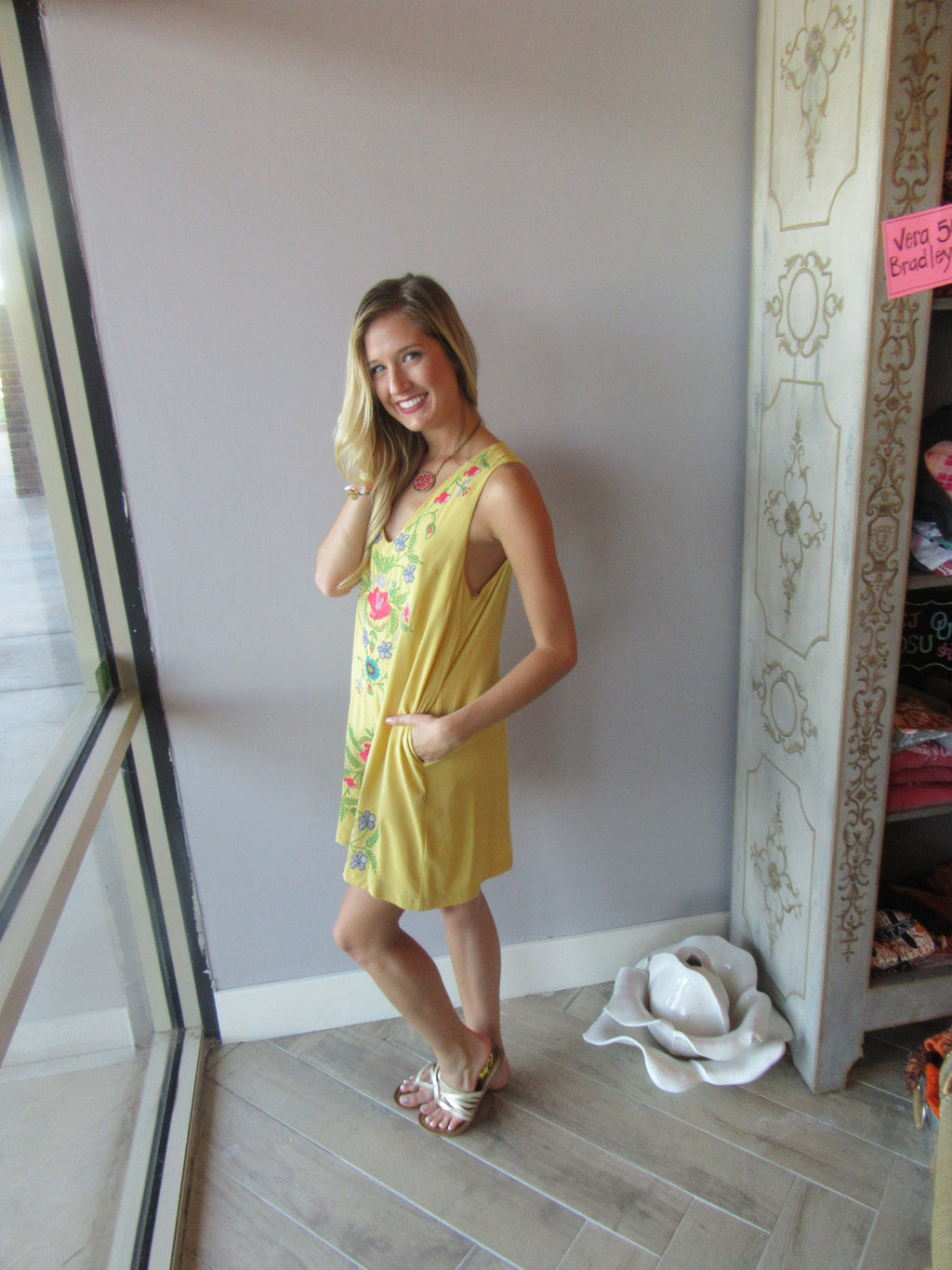 BARBADOS Floral Embroidered Linen V-Neck Pocket Dress