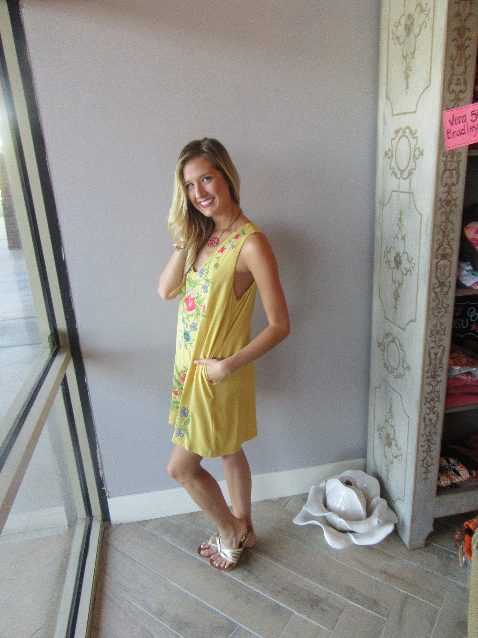 BARBADOS Floral Embroidered Linen V-Neck Pocket Dress