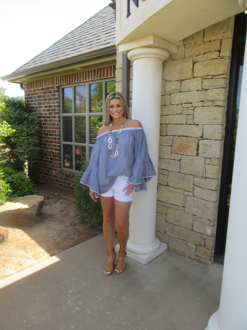 UNITED PinStripe OffShoulder BellSleeve Woven Top