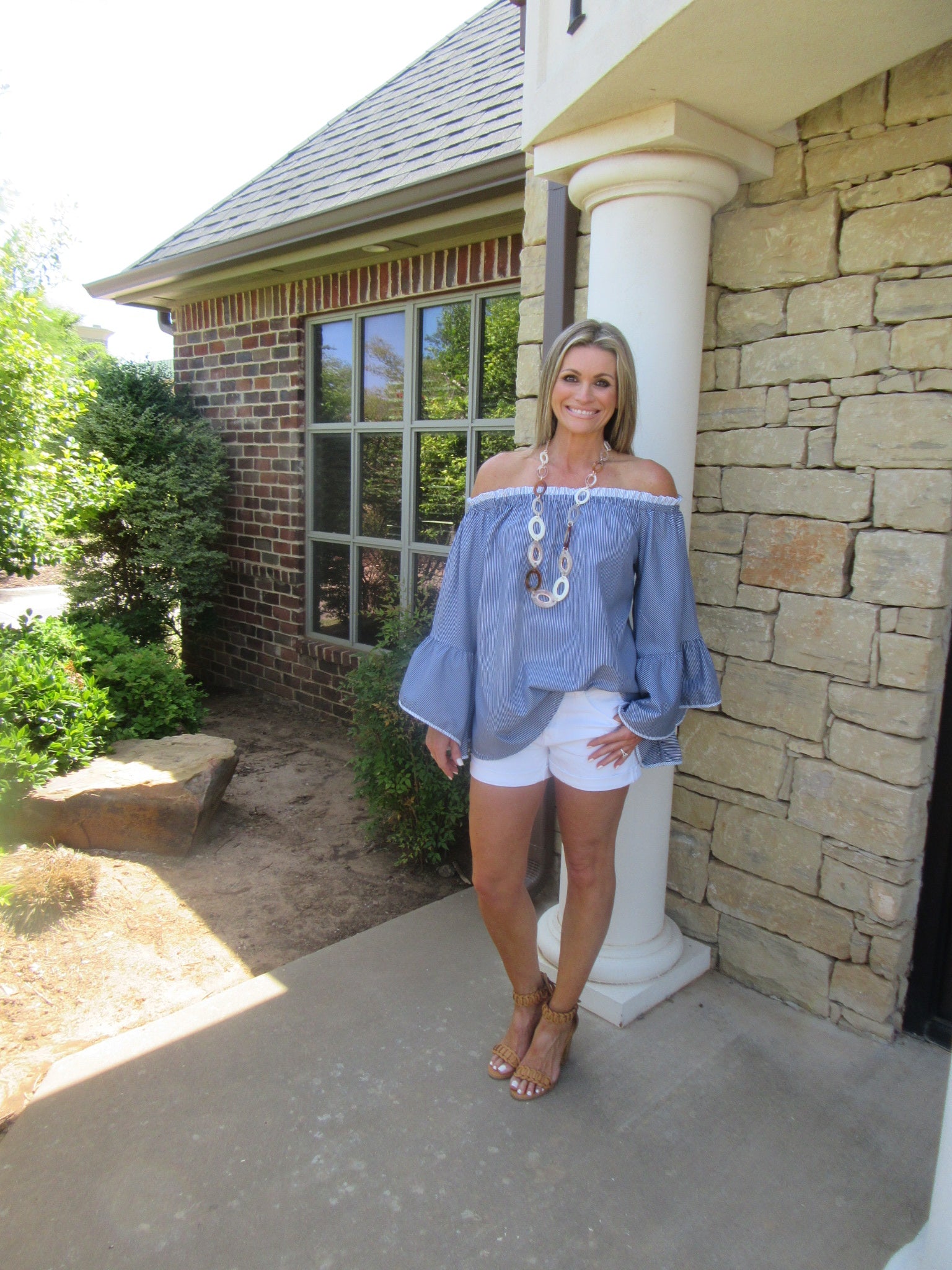 UNITED PinStripe OffShoulder BellSleeve Woven Top