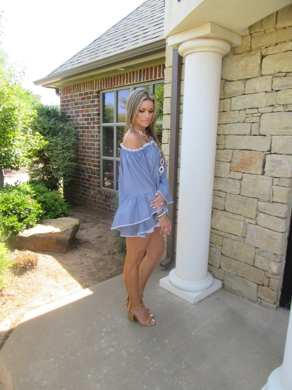 UNITED PinStripe OffShoulder BellSleeve Woven Top