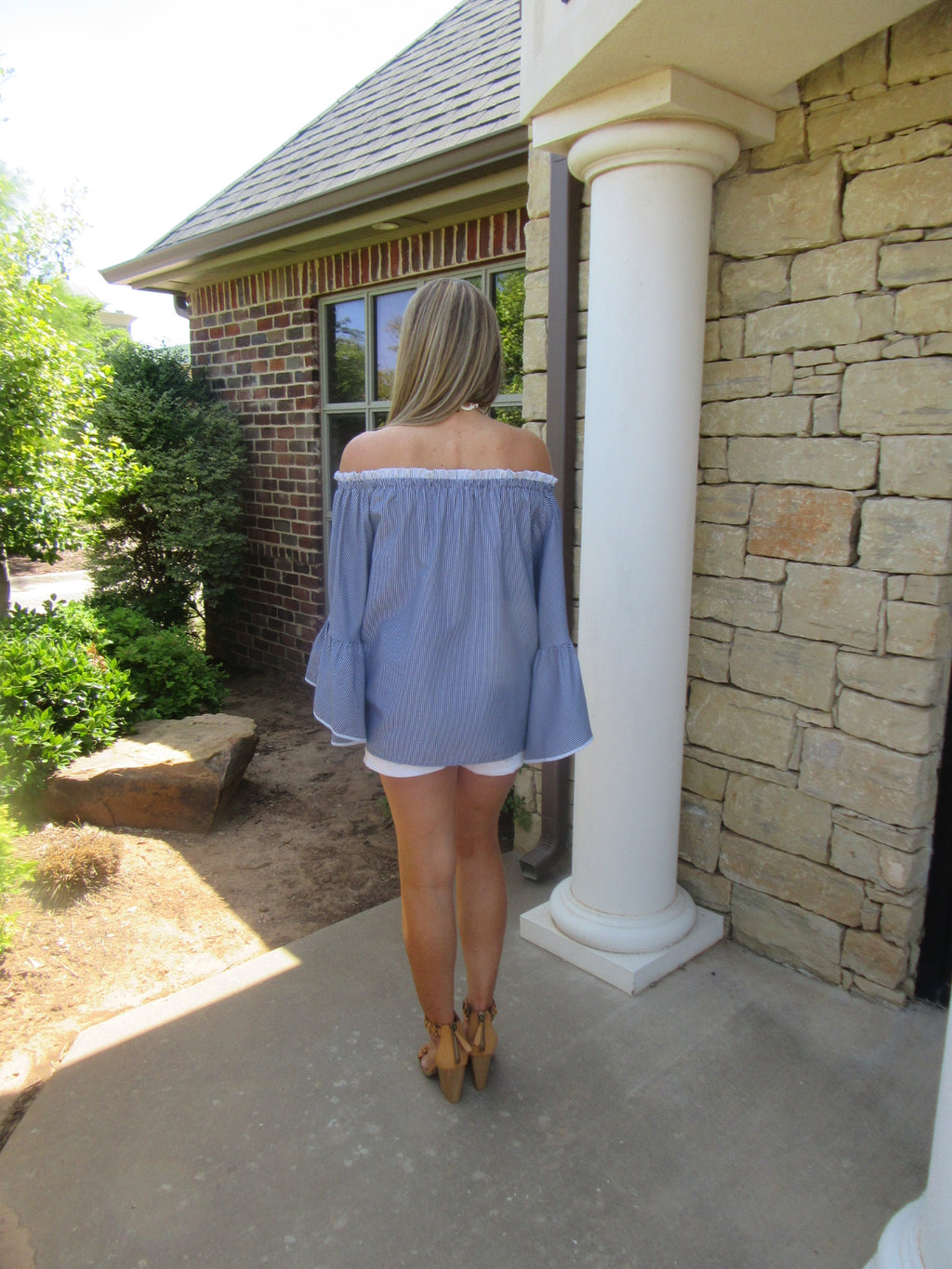 UNITED PinStripe OffShoulder BellSleeve Woven Top
