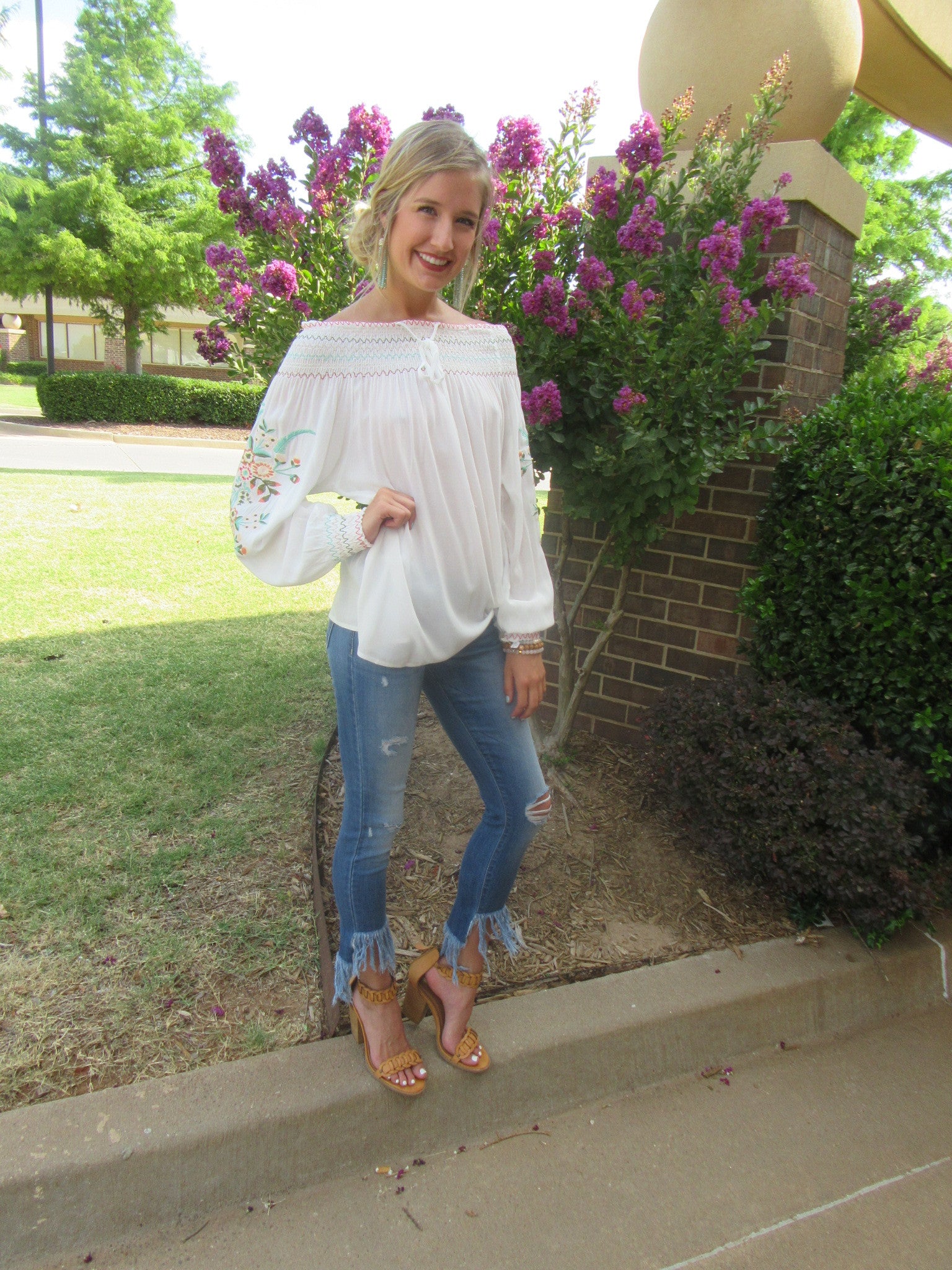 REJOICE Embroider Floral Smocked OffShoulder Tunic Top