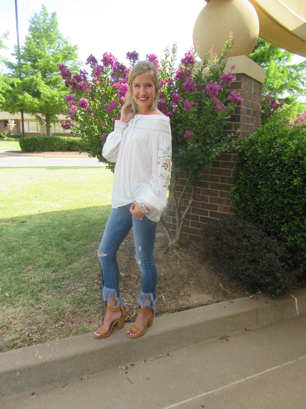 REJOICE Embroider Floral Smocked OffShoulder Tunic Top