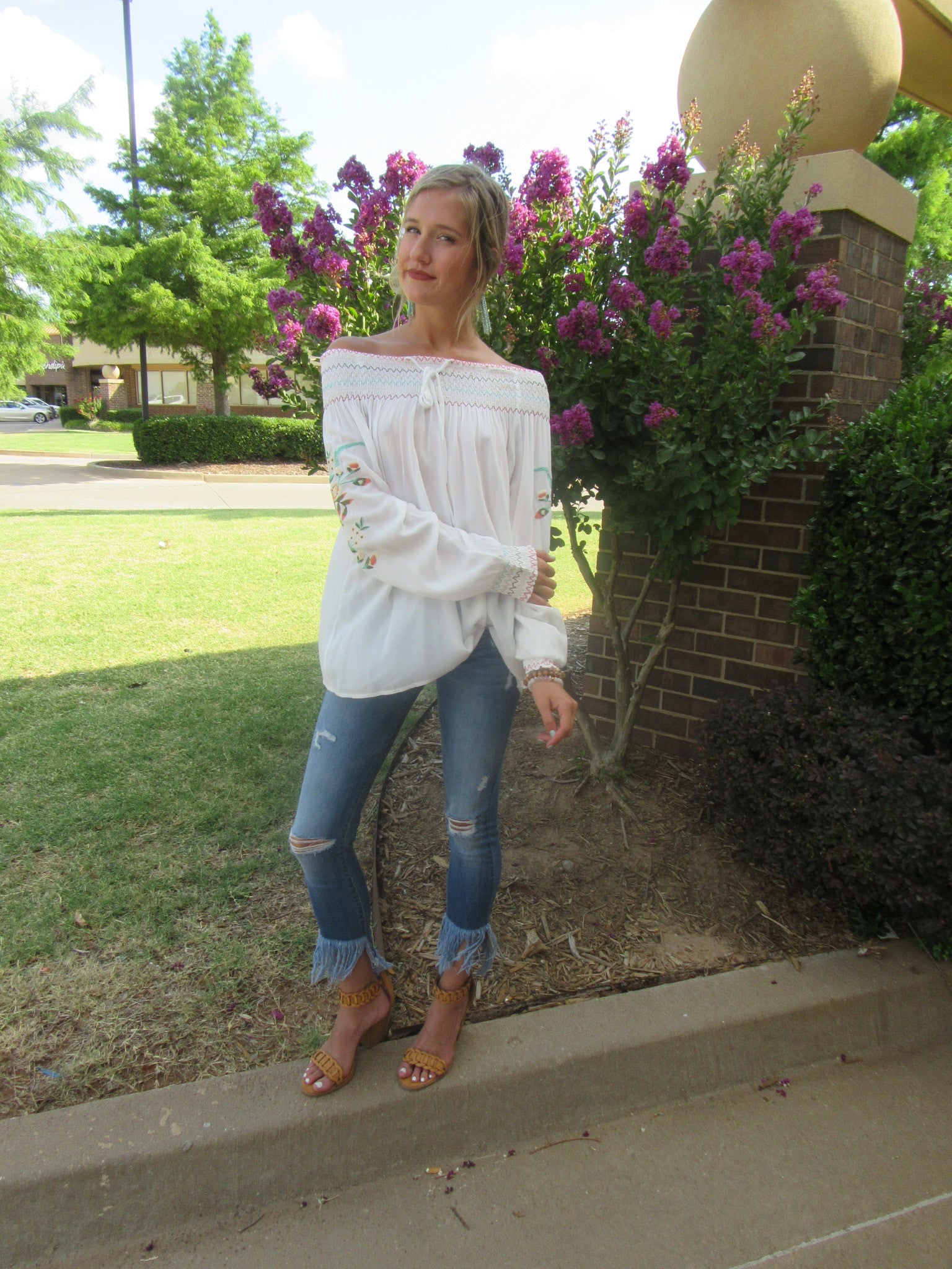 REJOICE Embroider Floral Smocked OffShoulder Tunic Top