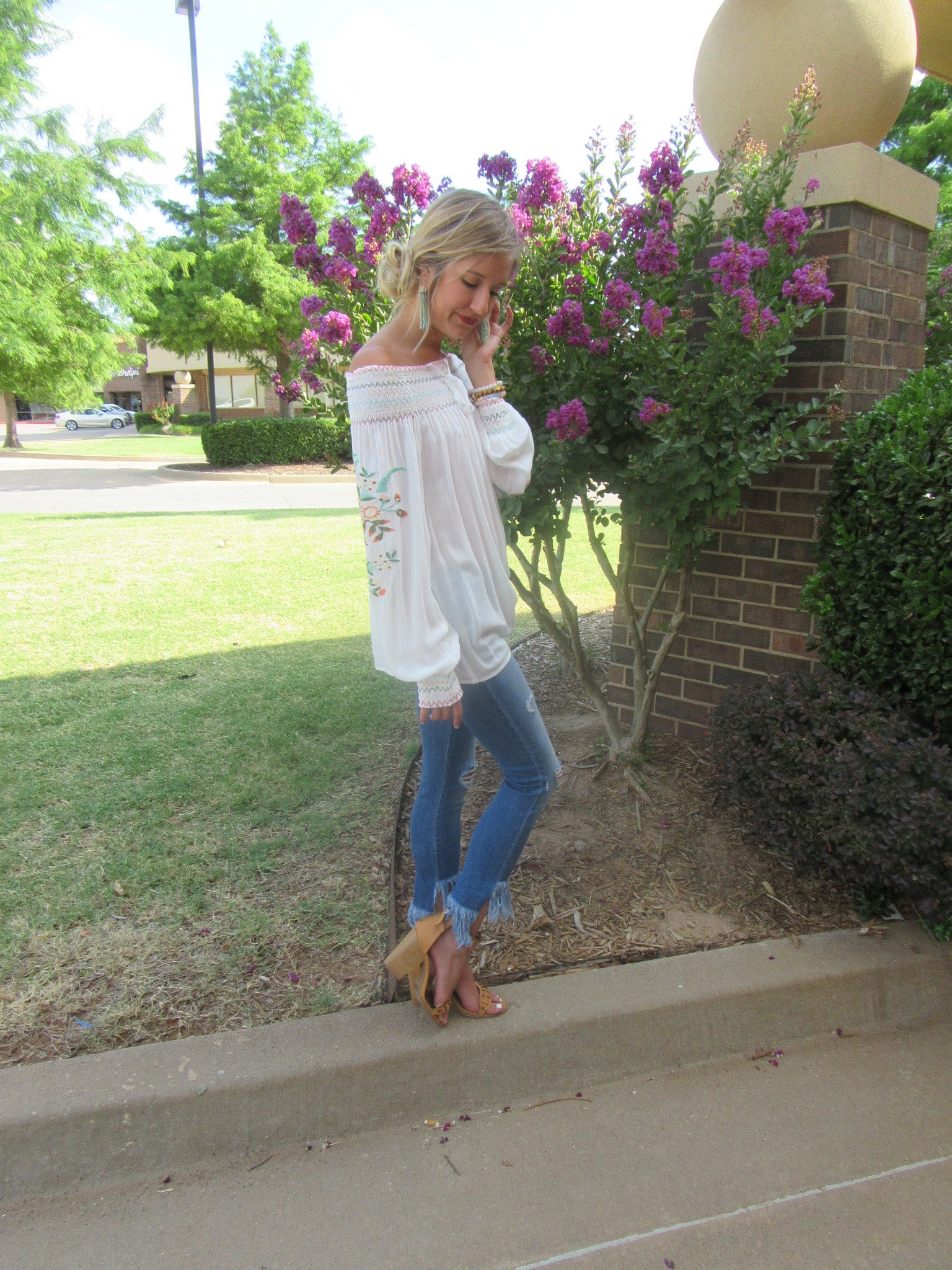 REJOICE Embroider Floral Smocked OffShoulder Tunic Top