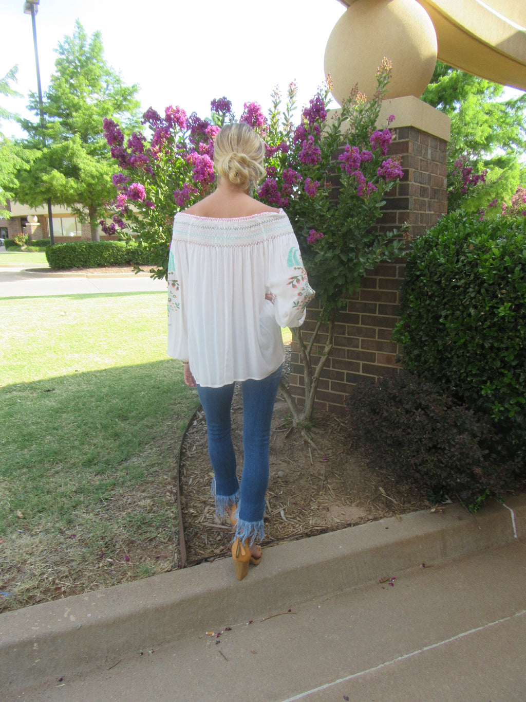 REJOICE Embroider Floral Smocked OffShoulder Tunic Top