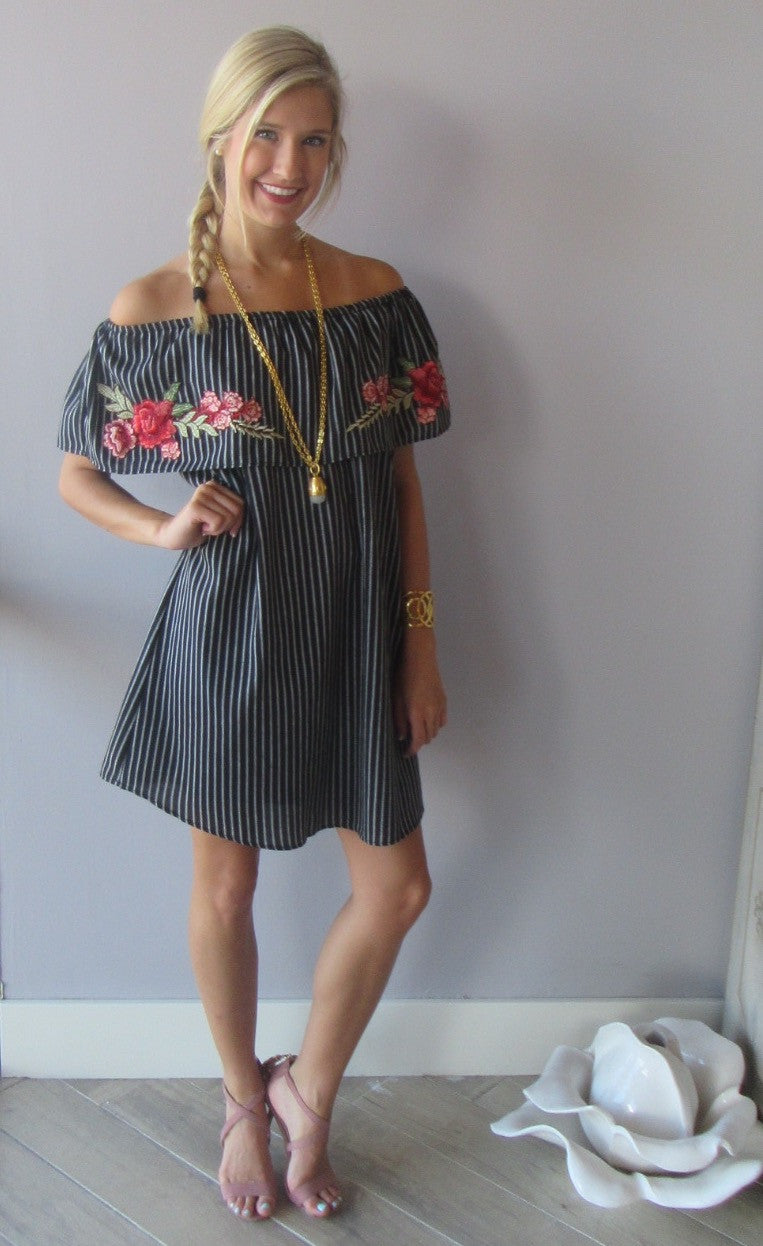 WORKING GIRL Pinstripe Embroidered Appliqué OffShoulder Dress