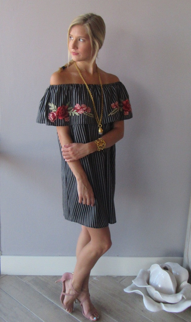 WORKING GIRL Pinstripe Embroidered Appliqué OffShoulder Dress