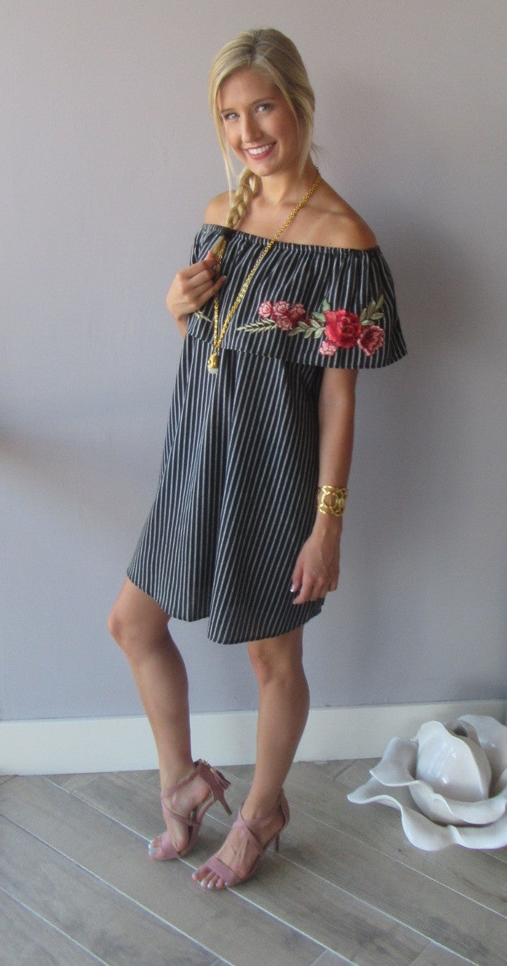 WORKING GIRL Pinstripe Embroidered Appliqué OffShoulder Dress