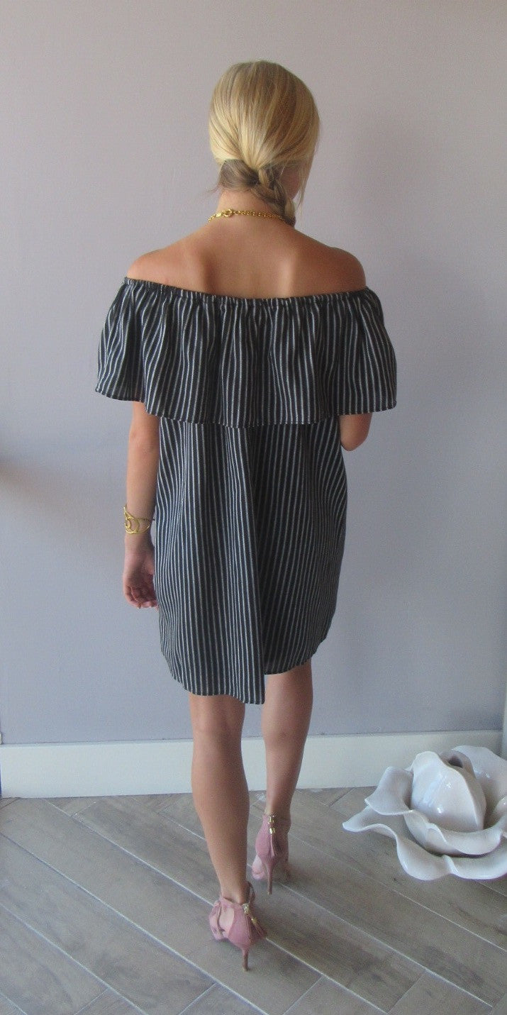 WORKING GIRL Pinstripe Embroidered Appliqué OffShoulder Dress