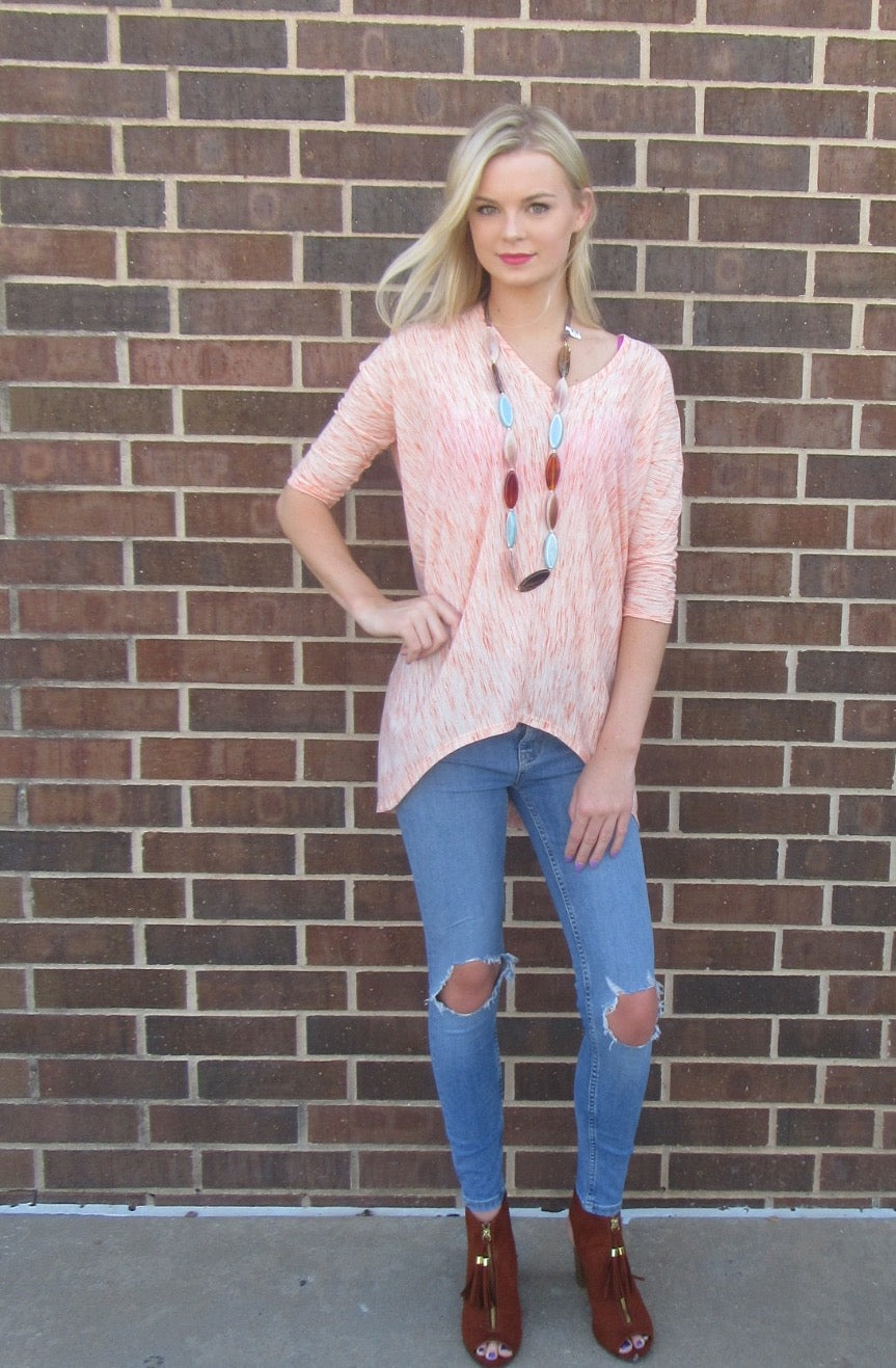 BOBI Coastline Print SHOWDOWN 3/4 Sleeve V-Neck HiLo Top