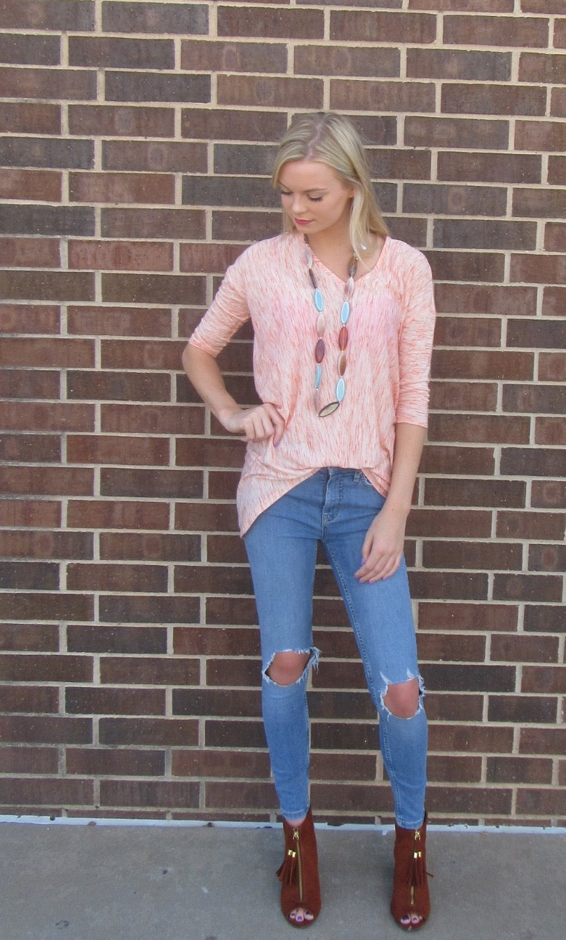 BOBI Coastline Print SHOWDOWN 3/4 Sleeve V-Neck HiLo Top