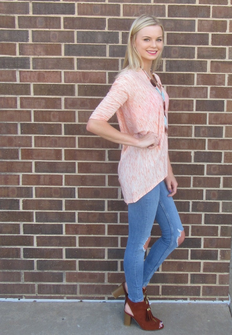 BOBI Coastline Print SHOWDOWN 3/4 Sleeve V-Neck HiLo Top