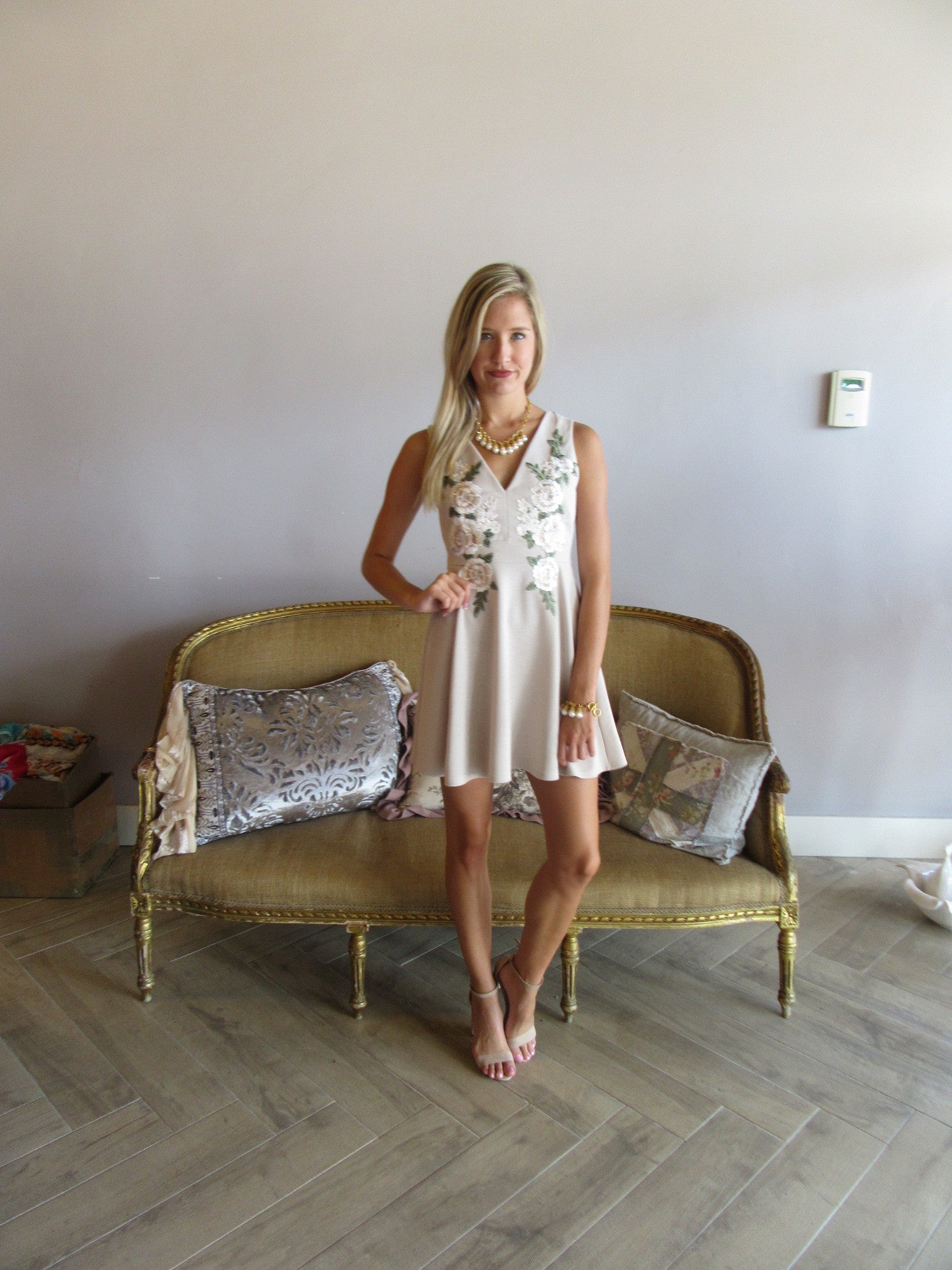 WONDROUS Floral Embroider Appliqué Skater Dress