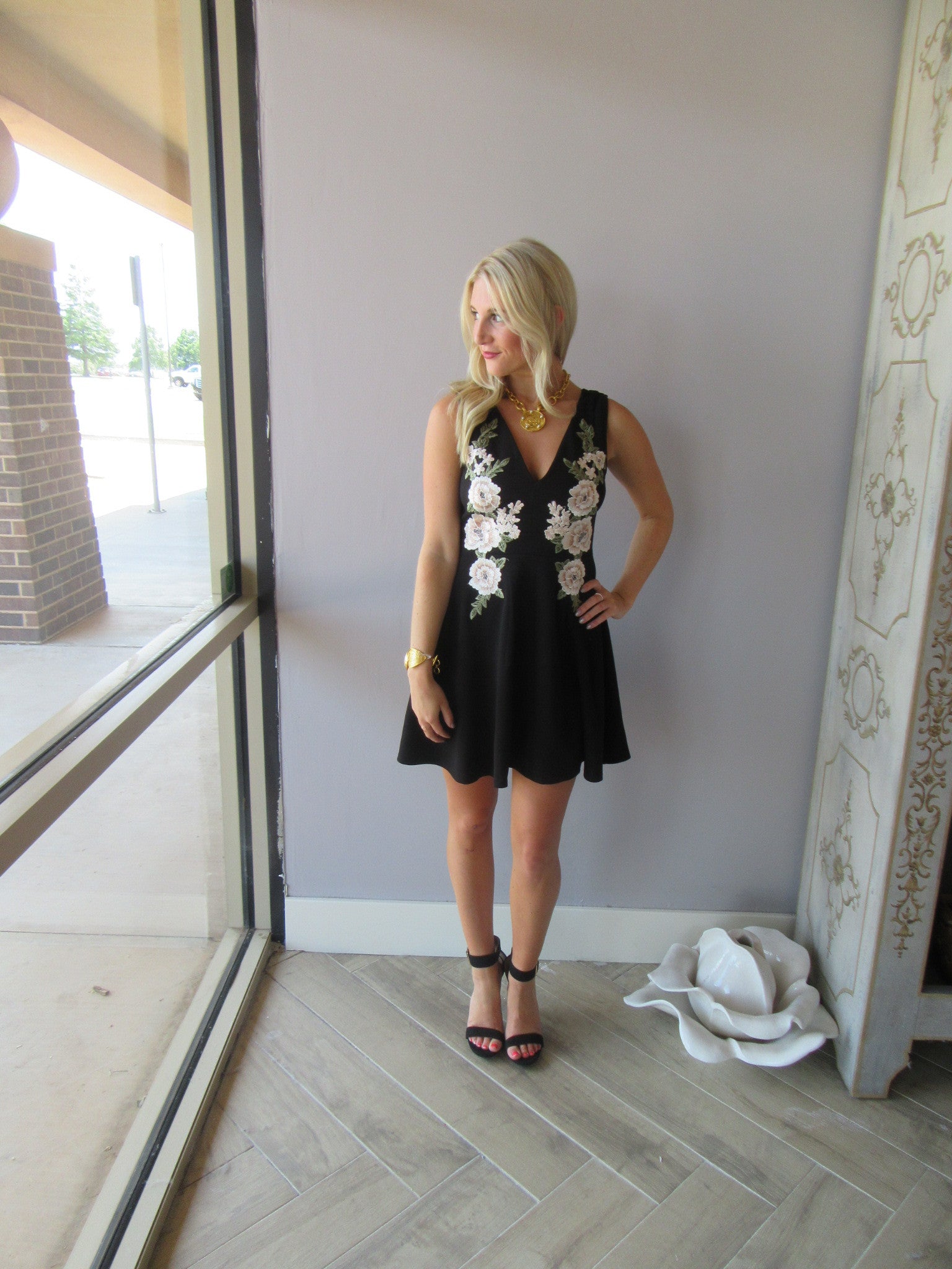 WONDROUS Floral Embroider Appliqué Skater Dress