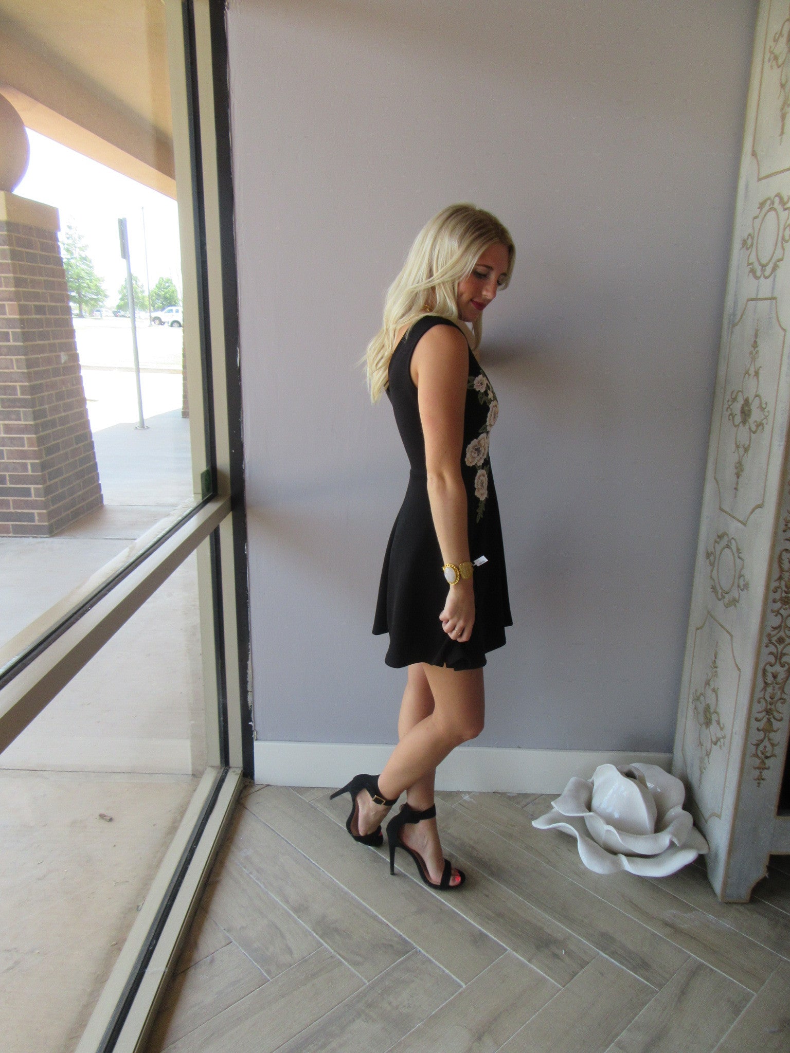 WONDROUS Floral Embroider Appliqué Skater Dress