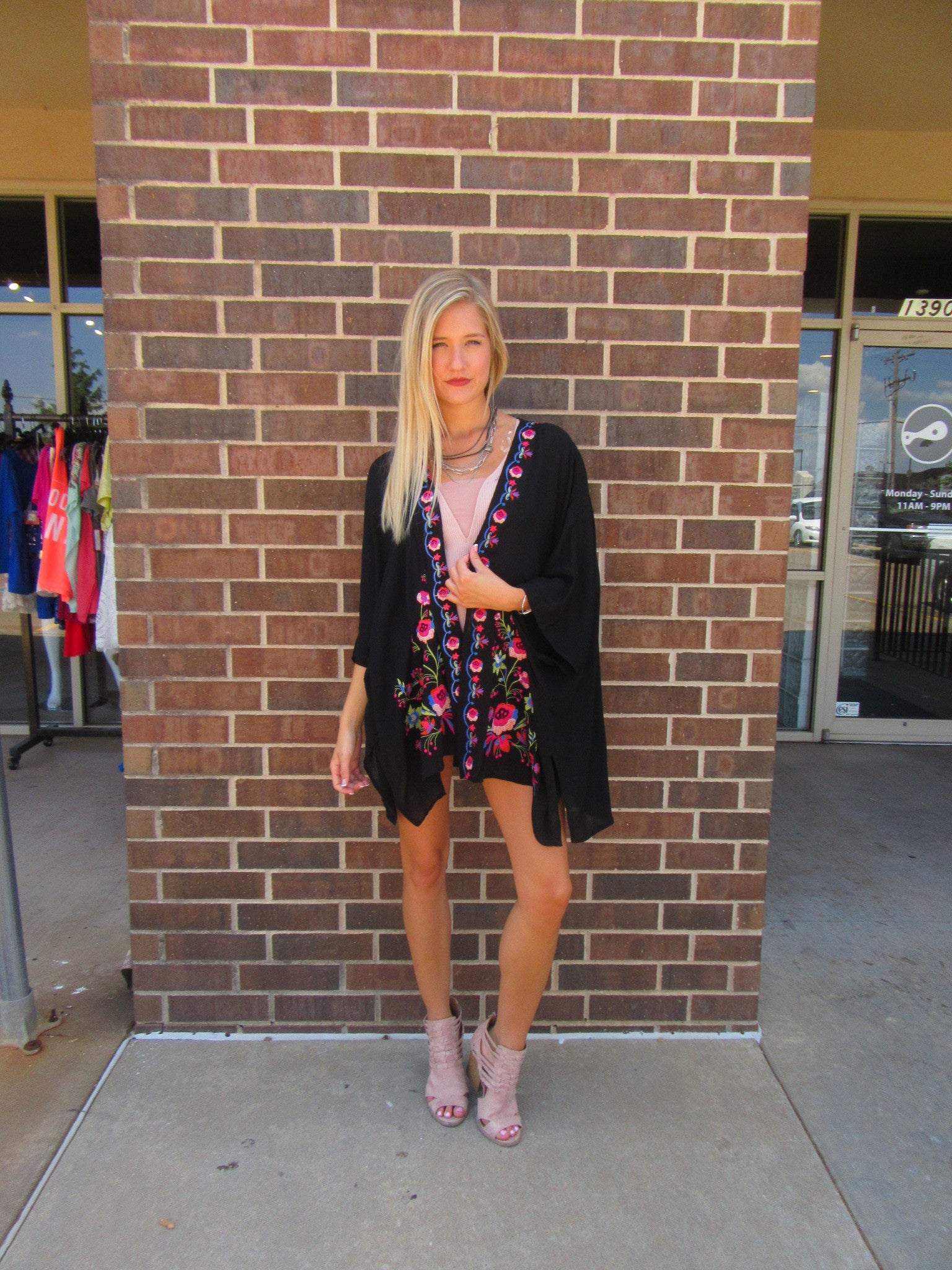 BRIGHT SIDE Embroidered Floral Kimono Cardigan