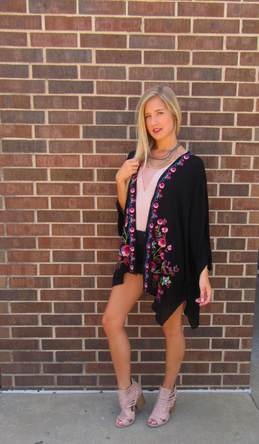 BRIGHT SIDE Embroidered Floral Kimono Cardigan