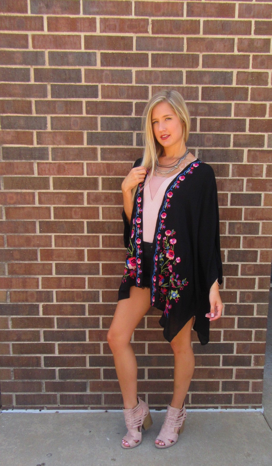 BRIGHT SIDE Embroidered Floral Kimono Cardigan