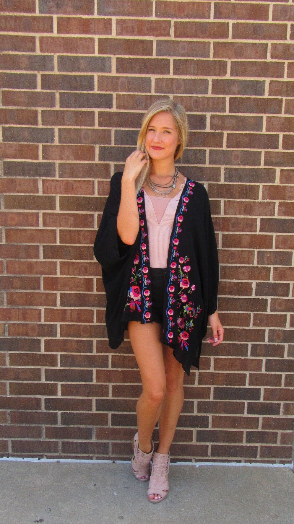 BRIGHT SIDE Embroidered Floral Kimono Cardigan