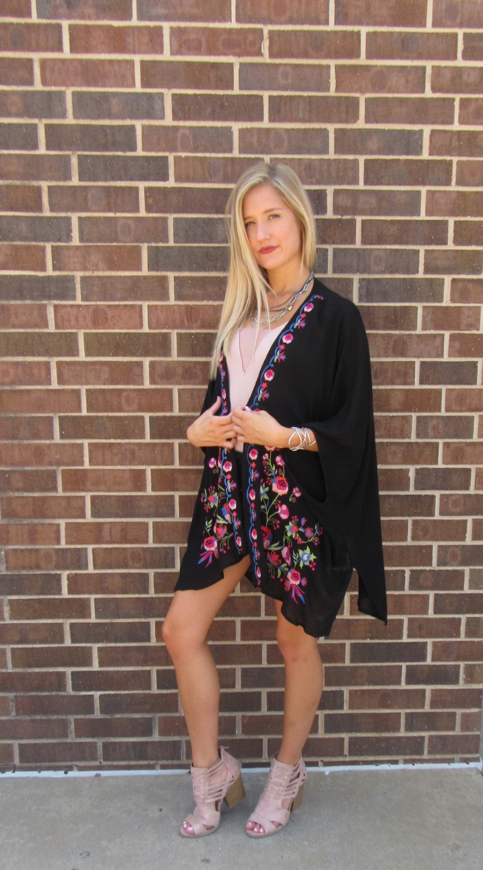 BRIGHT SIDE Embroidered Floral Kimono Cardigan