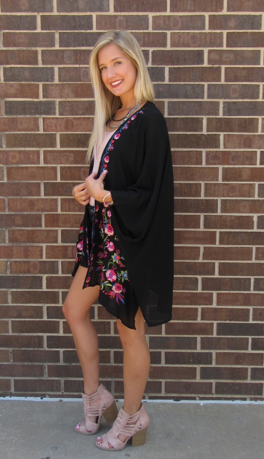 BRIGHT SIDE Embroidered Floral Kimono Cardigan