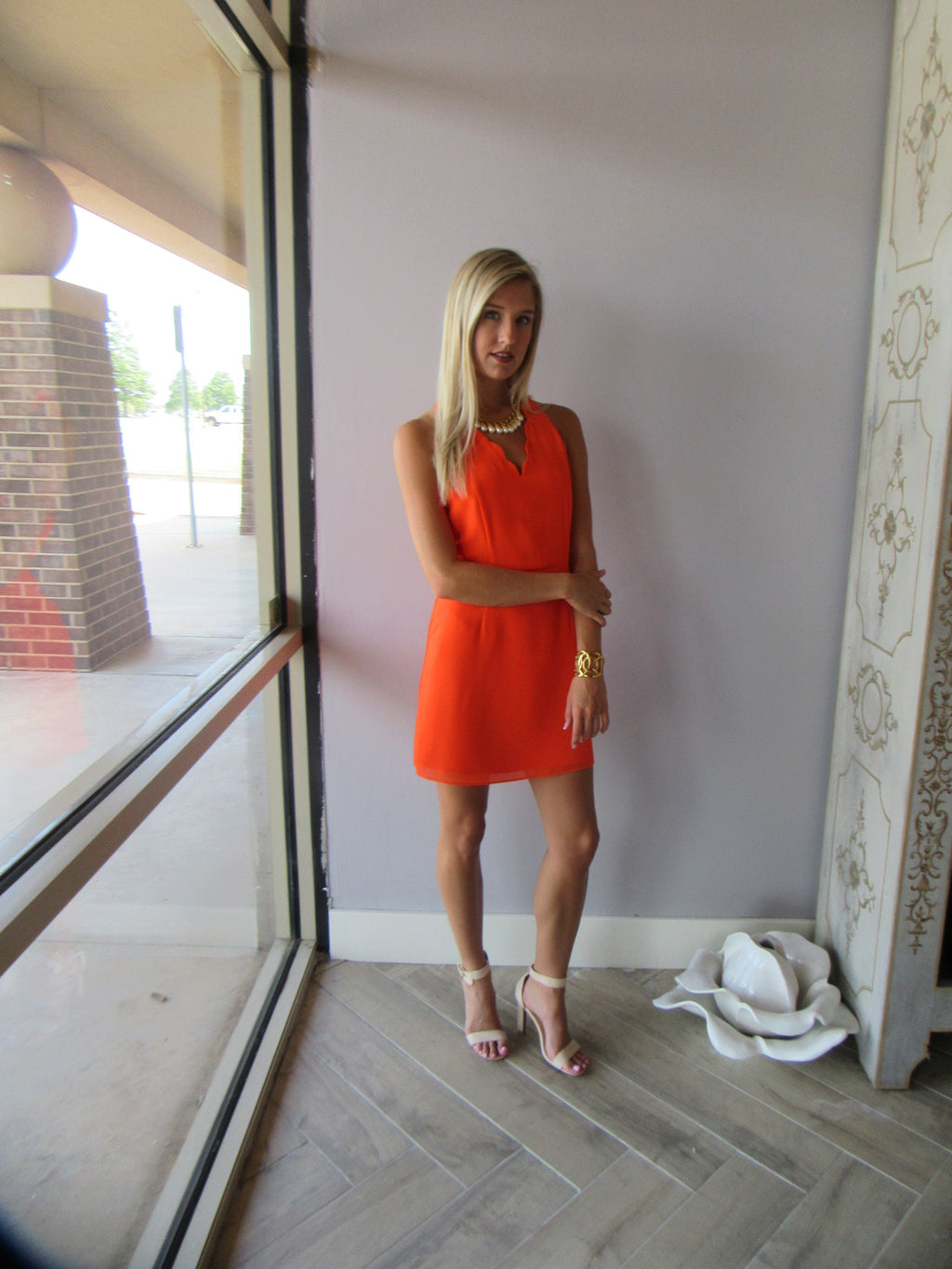 COPPER PENNY Scalloped Trim V-Neck Dress