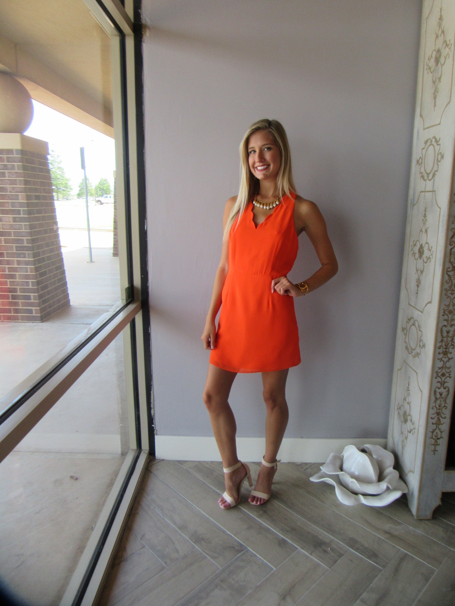 COPPER PENNY Scalloped Trim V-Neck Dress