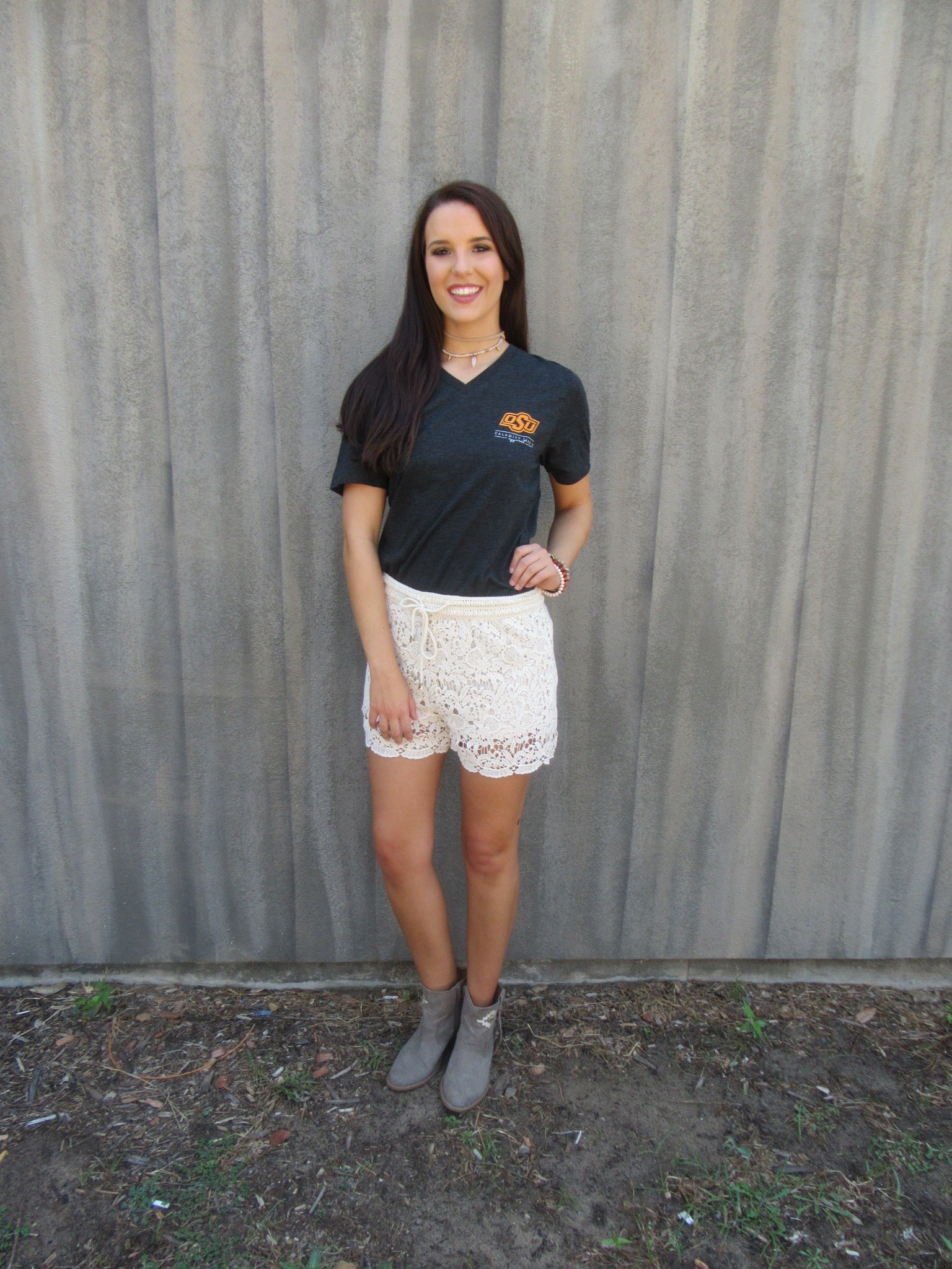 CALAMITY JANE Charcoal OSU LEOPARD BACK TriBlend V-Neck Tee Top