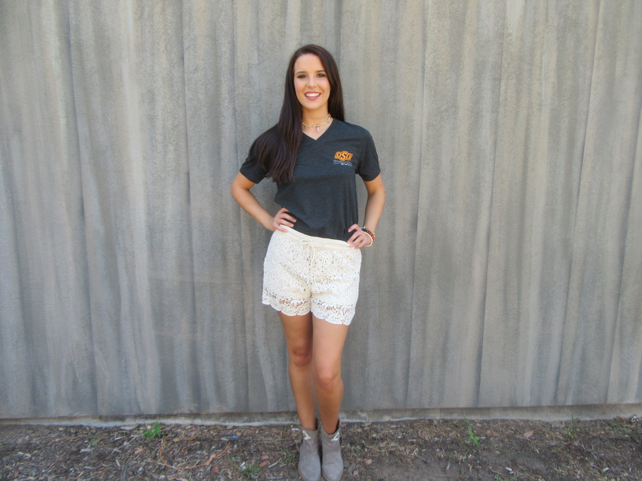 CALAMITY JANE Charcoal OSU LEOPARD BACK TriBlend V-Neck Tee Top