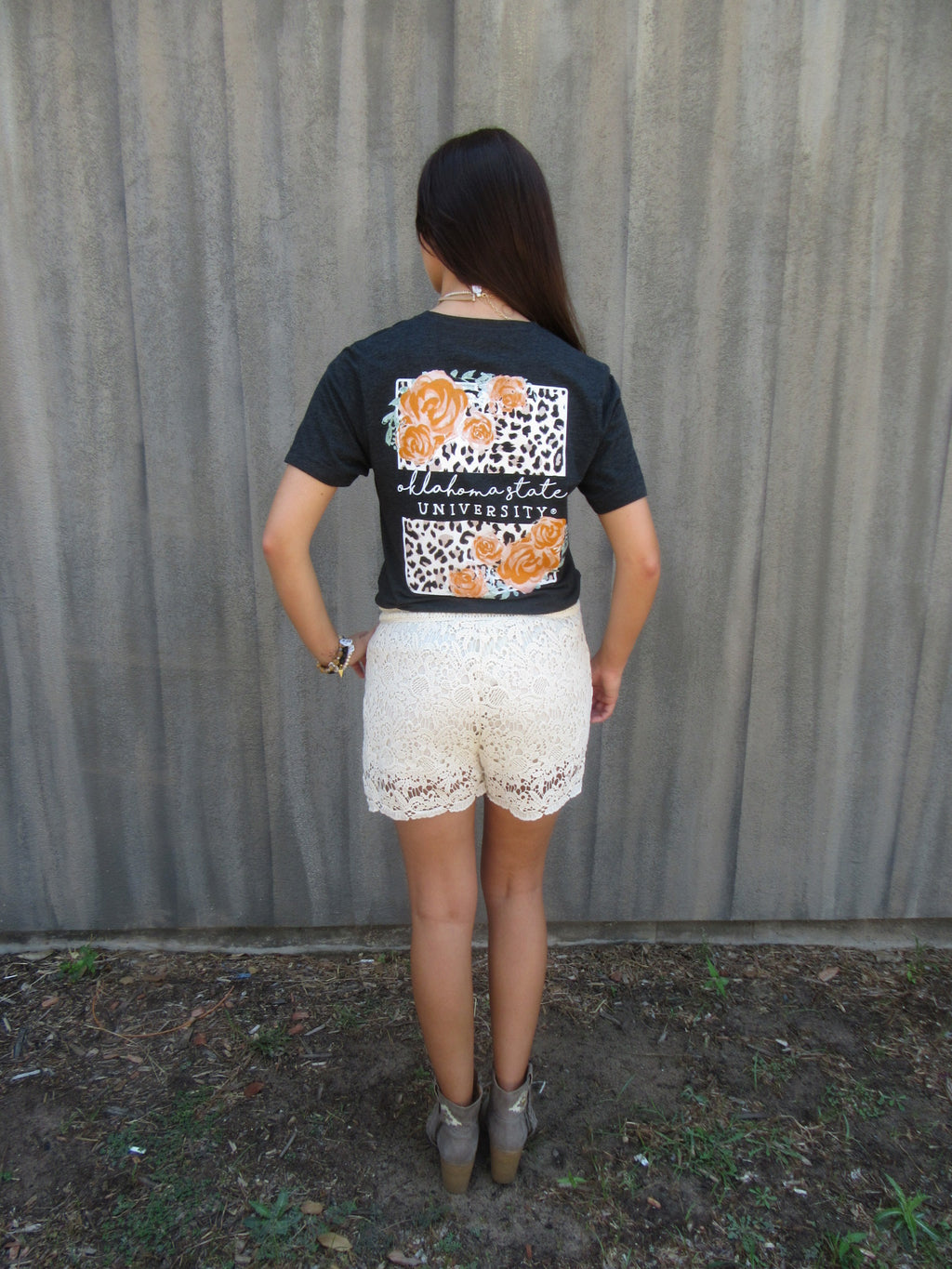 CALAMITY JANE Charcoal OSU LEOPARD BACK TriBlend V-Neck Tee Top