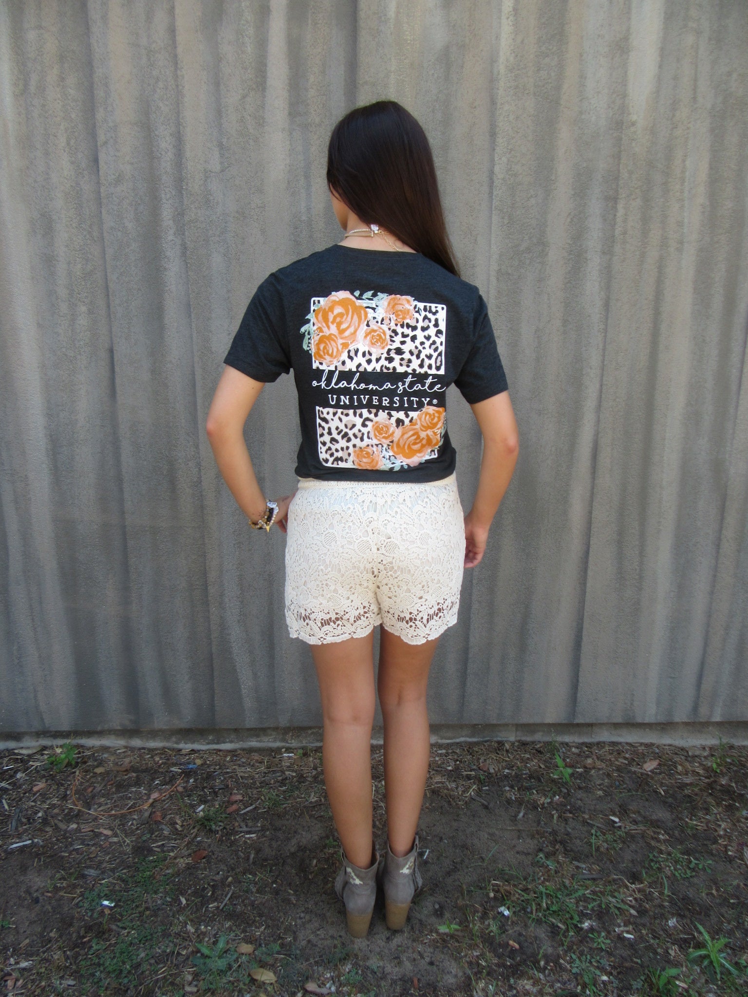 CALAMITY JANE Charcoal OSU LEOPARD BACK TriBlend V-Neck Tee Top