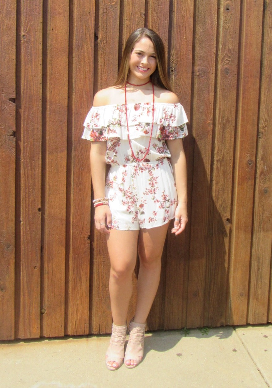 RISING SUN Floral Double Ruffled OffShoulder Short Romper