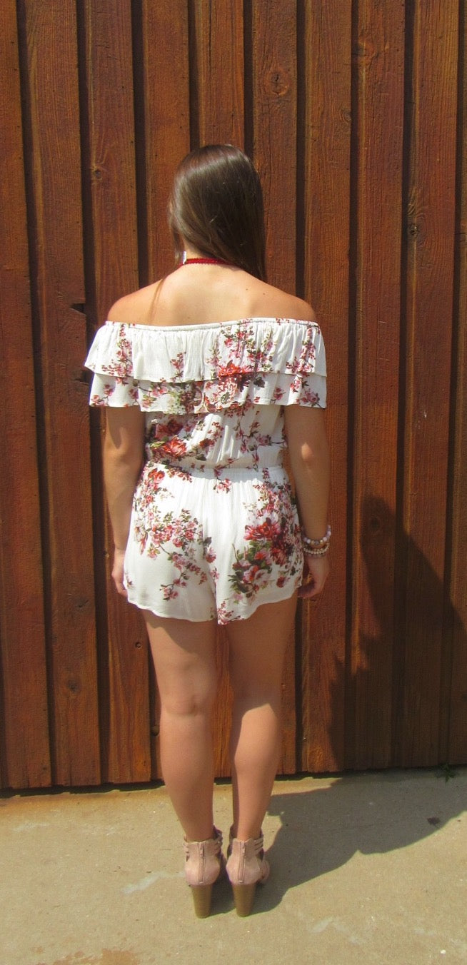 RISING SUN Floral Double Ruffled OffShoulder Short Romper