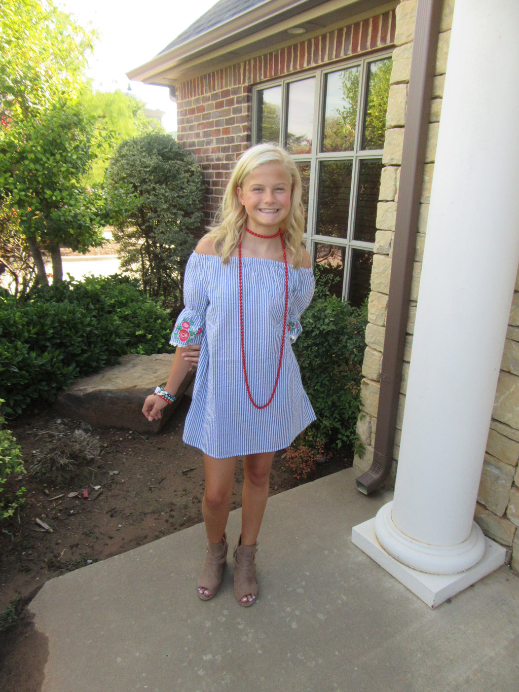 MATILDA Girls Stripe Embroidered Floral RuffleSleeve OffShoulder Dress