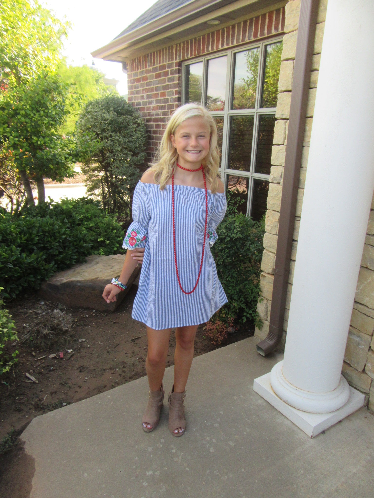 MATILDA Girls Stripe Embroidered Floral RuffleSleeve OffShoulder Dress