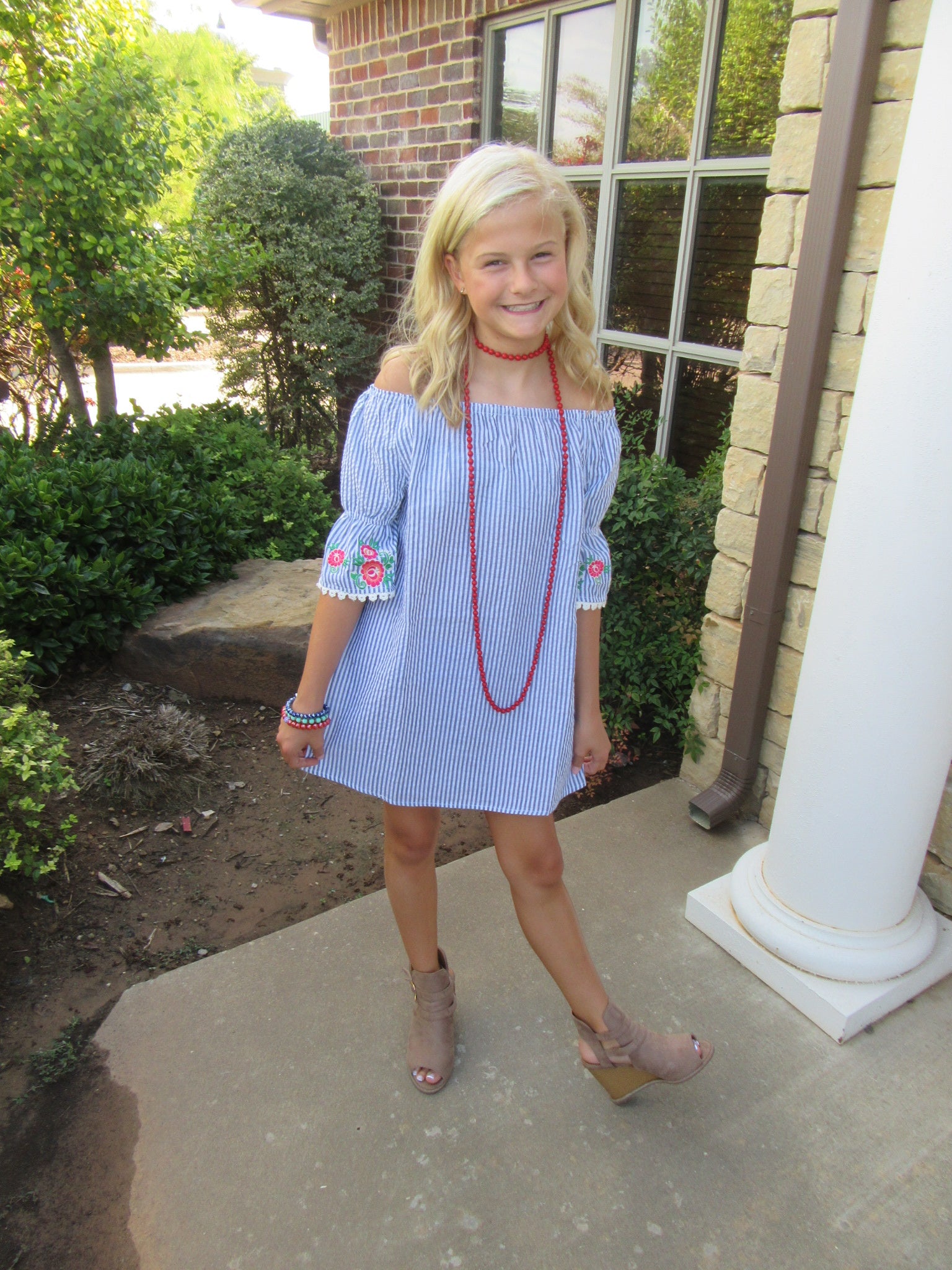 MATILDA Girls Stripe Embroidered Floral RuffleSleeve OffShoulder Dress