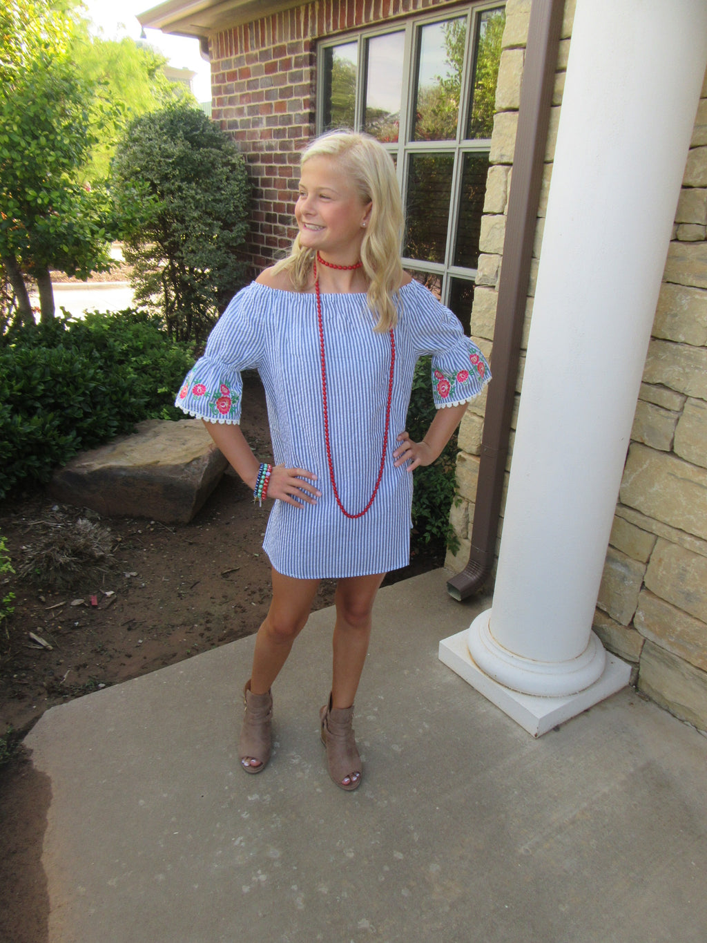 MATILDA Girls Stripe Embroidered Floral RuffleSleeve OffShoulder Dress