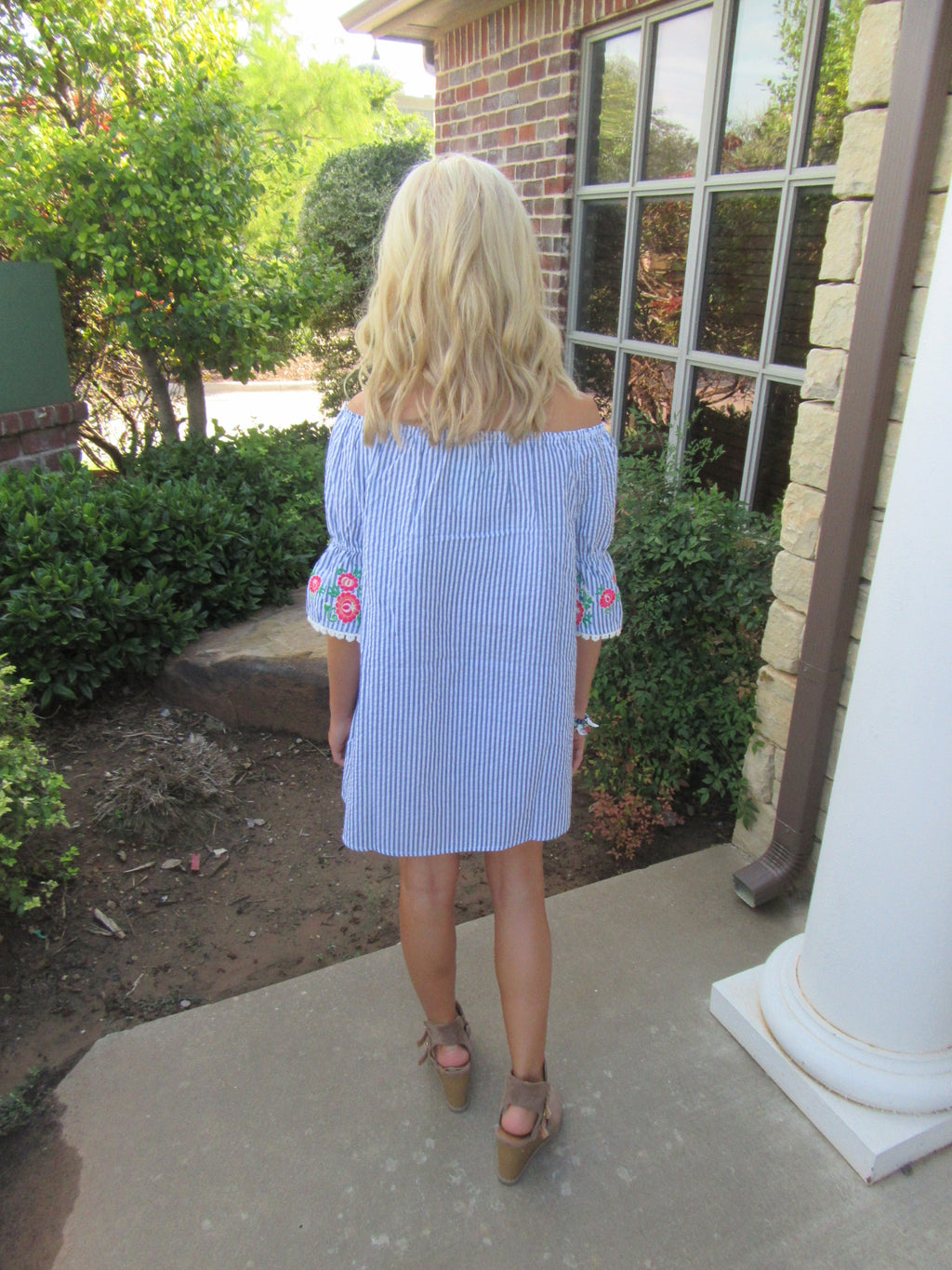 MATILDA Girls Stripe Embroidered Floral RuffleSleeve OffShoulder Dress