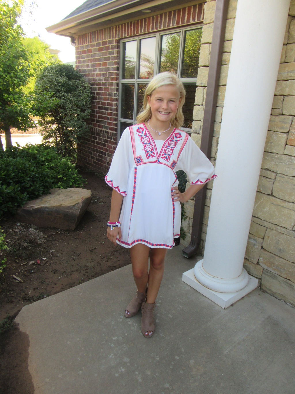 BOHO BLISS Girls Embroidered V-Neck Short BellSleeve Dress