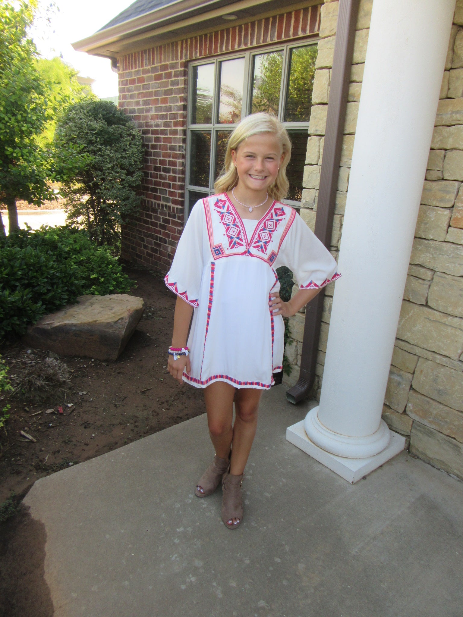 BOHO BLISS Girls Embroidered V-Neck Short BellSleeve Dress