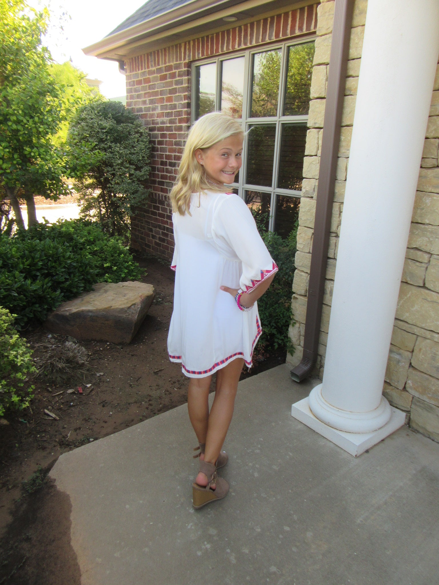 BOHO BLISS Girls Embroidered V-Neck Short BellSleeve Dress