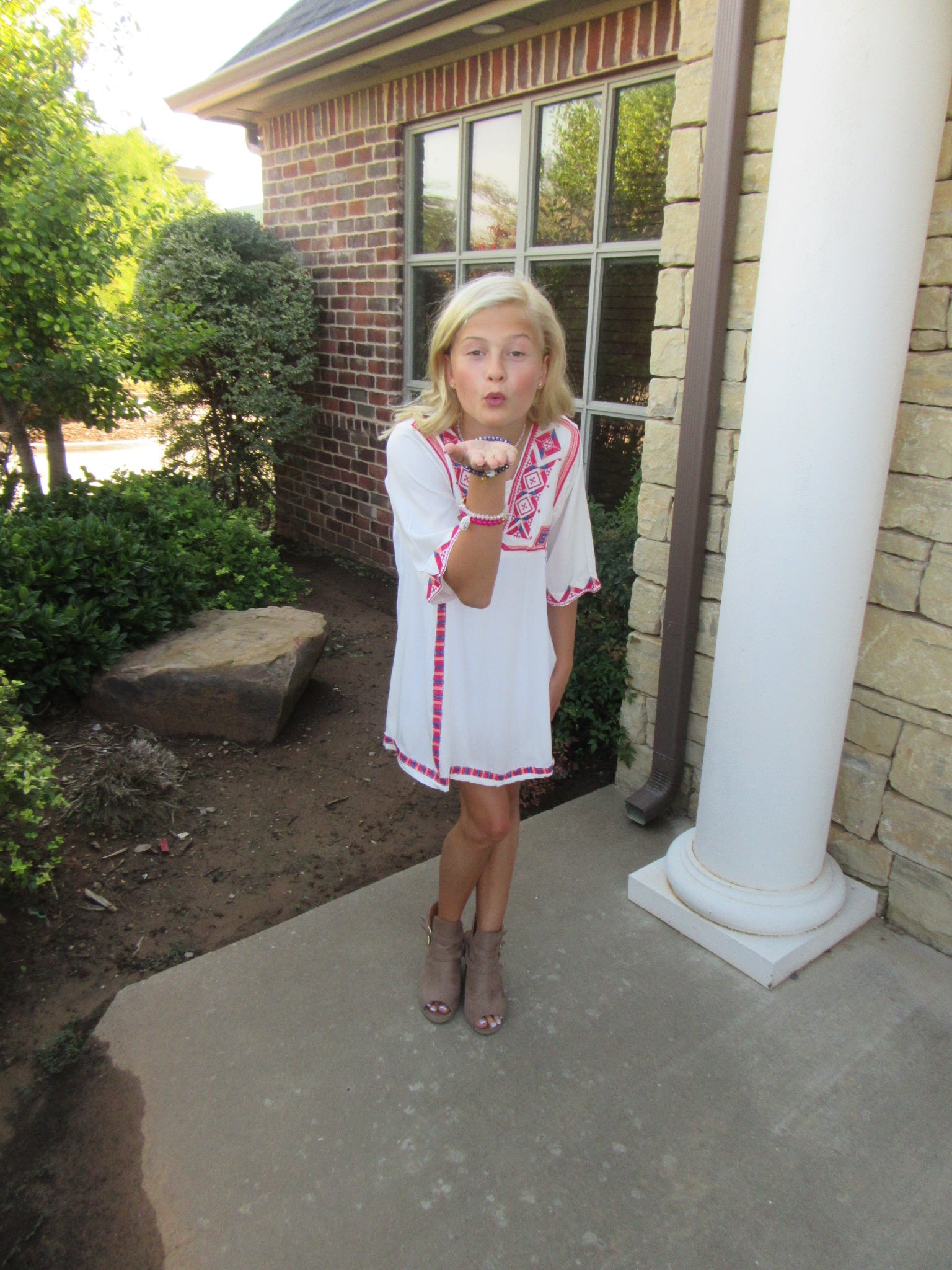 BOHO BLISS Girls Embroidered V-Neck Short BellSleeve Dress