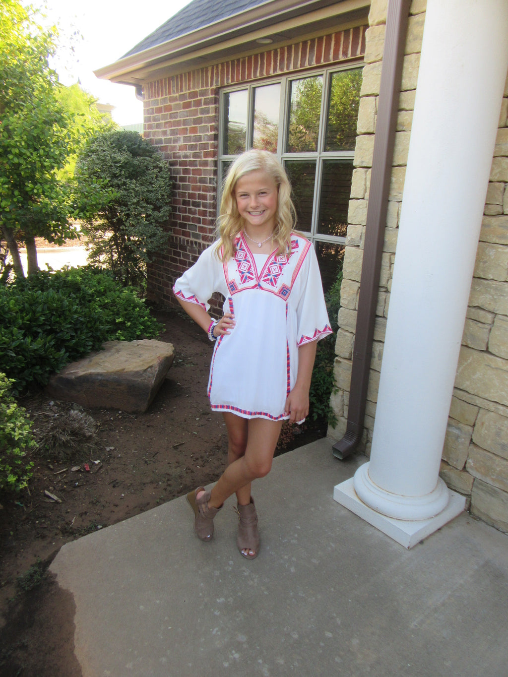 BOHO BLISS Girls Embroidered V-Neck Short BellSleeve Dress