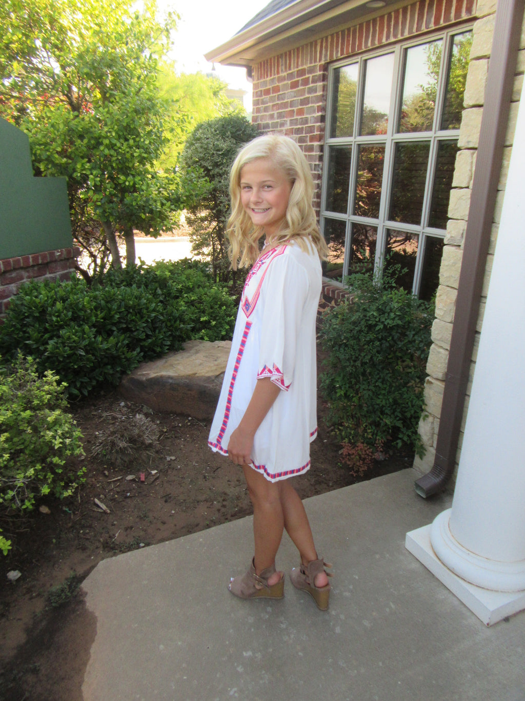 BOHO BLISS Girls Embroidered V-Neck Short BellSleeve Dress