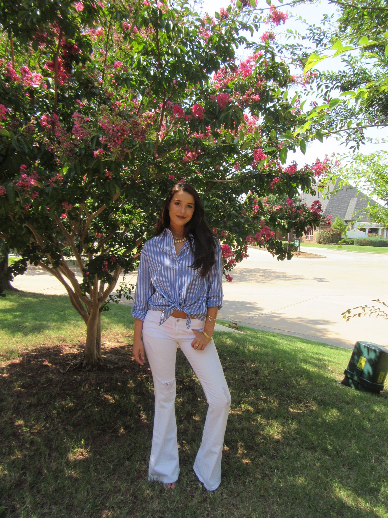SCHOOL TIES Stripe Tie Bottom Button Down Top